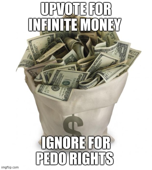 Bag of money | UPVOTE FOR INFINITE MONEY; IGNORE FOR PEDO RIGHTS | image tagged in bag of money | made w/ Imgflip meme maker