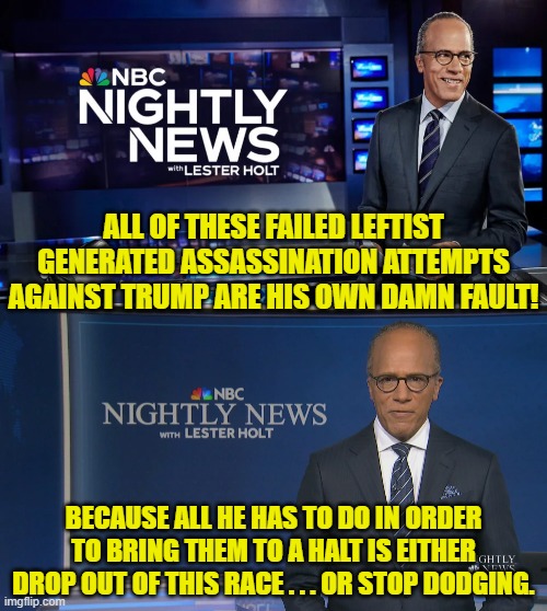 The Mainstream Media has . . . spoken. | ALL OF THESE FAILED LEFTIST GENERATED ASSASSINATION ATTEMPTS AGAINST TRUMP ARE HIS OWN DAMN FAULT! BECAUSE ALL HE HAS TO DO IN ORDER TO BRING THEM TO A HALT IS EITHER DROP OUT OF THIS RACE . . . OR STOP DODGING. | image tagged in yep | made w/ Imgflip meme maker