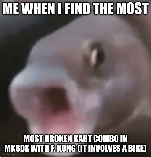 Stats:Tier 7(?) SpeedTier 2 AccelerationAmazing Inside DriftSpinout/Shells ruin your dayStarting Turbo gets good speed | ME WHEN I FIND THE MOST; MOST BROKEN KART COMBO IN MK8DX WITH F. KONG (IT INVOLVES A BIKE) | image tagged in poggers fish | made w/ Imgflip meme maker