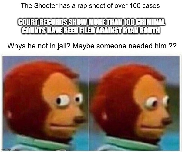 Strange with that kind of rap sheet & not to go to jail. Someone must be watching out for him.His kid said he has a few tickets | The Shooter has a rap sheet of over 100 cases; COURT RECORDS SHOW MORE THAN 100 CRIMINAL COUNTS HAVE BEEN FILED AGAINST RYAN ROUTH; Whys he not in jail? Maybe someone needed him ?? | image tagged in memes,monkey puppet | made w/ Imgflip meme maker