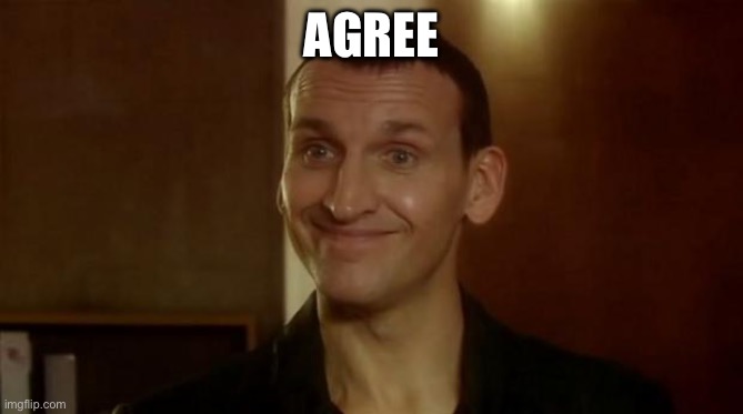 Ninth Doctor Who Smile | AGREE | image tagged in ninth doctor who smile | made w/ Imgflip meme maker
