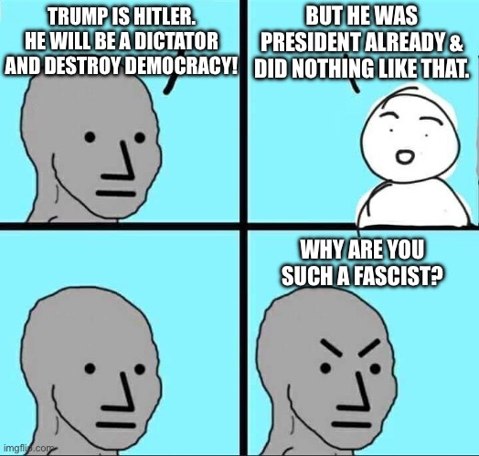 NPC Meme | BUT HE WAS PRESIDENT ALREADY & DID NOTHING LIKE THAT. TRUMP IS HITLER. HE WILL BE A DICTATOR AND DESTROY DEMOCRACY! WHY ARE YOU SUCH A FASCIST? | image tagged in npc meme | made w/ Imgflip meme maker