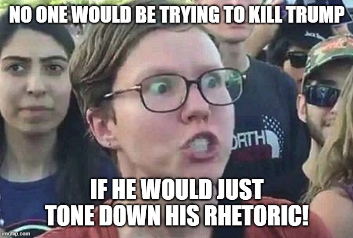 Triggered Liberal | NO ONE WOULD BE TRYING TO KILL TRUMP; IF HE WOULD JUST TONE DOWN HIS RHETORIC! | image tagged in triggered liberal | made w/ Imgflip meme maker