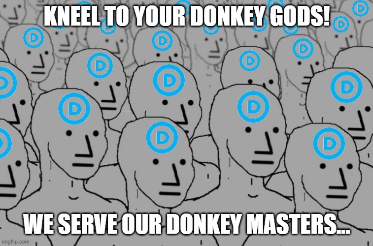 NPC D | KNEEL TO YOUR DONKEY GODS! WE SERVE OUR DONKEY MASTERS... | image tagged in d npc | made w/ Imgflip meme maker