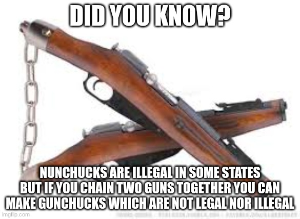 technically | DID YOU KNOW? NUNCHUCKS ARE ILLEGAL IN SOME STATES BUT IF YOU CHAIN TWO GUNS TOGETHER YOU CAN MAKE GUNCHUCKS WHICH ARE NOT LEGAL NOR ILLEGAL | image tagged in guns,nunchucks,gunchucks | made w/ Imgflip meme maker