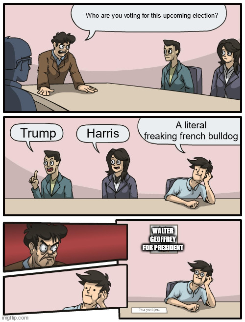 Walter Geoffrey for Pres. | Who are you voting for this upcoming election? A literal freaking french bulldog; Trump; Harris; WALTER GEOFFREY FOR PRESIDENT | image tagged in boardroom meeting unexpected ending | made w/ Imgflip meme maker