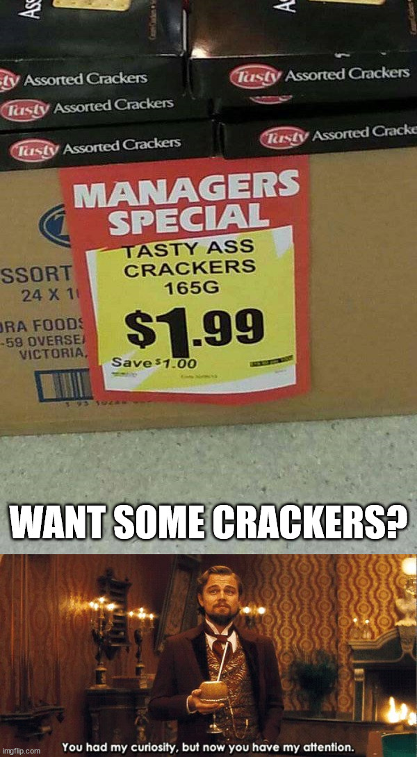 Tasty | WANT SOME CRACKERS? | image tagged in you had my curiosity but now you have my attention | made w/ Imgflip meme maker