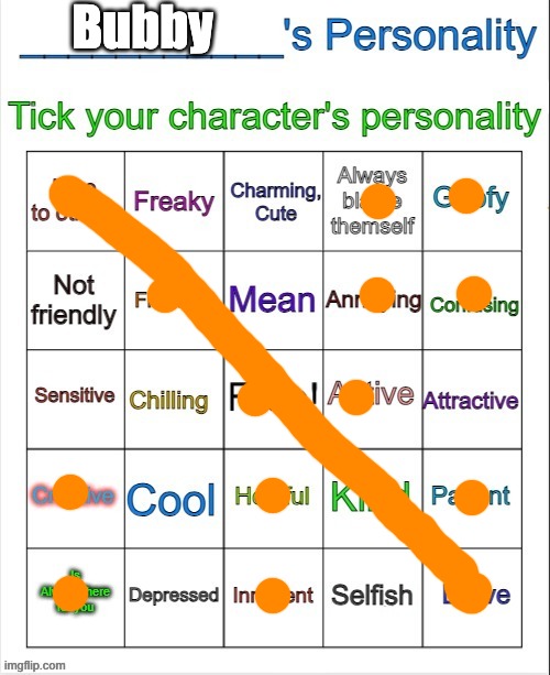 Character/OCs personality Bingo | Bubby | image tagged in character/ocs personality bingo | made w/ Imgflip meme maker