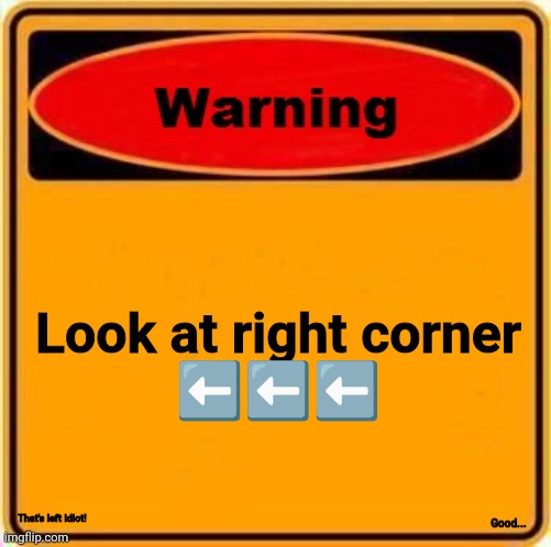 Warning Sign | Look at right corner

⬅️⬅️⬅️; That's left idiot! Good... | image tagged in memes,warning sign | made w/ Imgflip meme maker