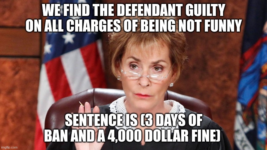 Judge of memes | WE FIND THE DEFENDANT GUILTY ON ALL CHARGES OF BEING NOT FUNNY; SENTENCE IS (3 DAYS OF BAN AND A 4,000 DOLLAR FINE) | image tagged in juge judy | made w/ Imgflip meme maker