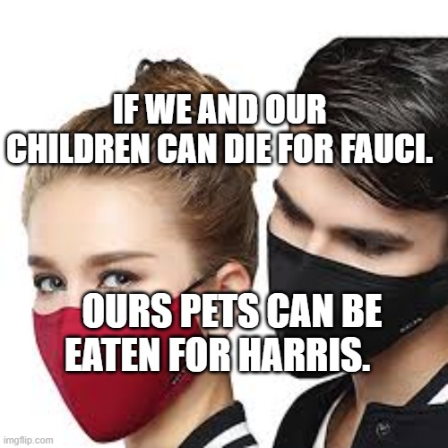 Mask Couple | IF WE AND OUR CHILDREN CAN DIE FOR FAUCI. OURS PETS CAN BE EATEN FOR HARRIS. | image tagged in mask couple | made w/ Imgflip meme maker