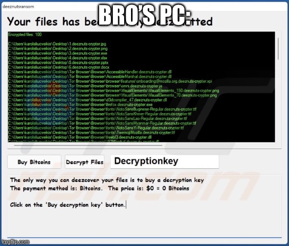 Deeznuts ransomware | BRO’S PC: | image tagged in deeznuts ransomware | made w/ Imgflip meme maker