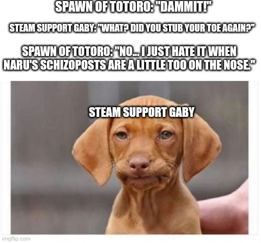 SPAWN OF TOTORO: "DAMMIT!"; STEAM SUPPORT GABY: "WHAT? DID YOU STUB YOUR TOE AGAIN?"; SPAWN OF TOTORO: "NO... I JUST HATE IT WHEN NARU'S SCHIZOPOSTS ARE A LITTLE TOO ON THE NOSE."; STEAM SUPPORT GABY | image tagged in blank white template,ah naw | made w/ Imgflip meme maker