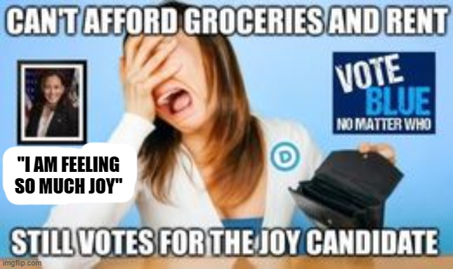 why does joy feel like an empty stomach and over due bills?  ;) | "I AM FEELING SO MUCH JOY" | image tagged in funny memes,kamala harris,joy,political humor,donald trump approves | made w/ Imgflip meme maker