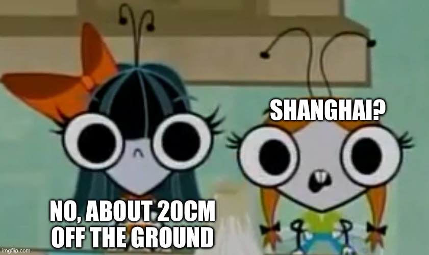 She hang high | SHANGHAI? NO, ABOUT 20CM OFF THE GROUND | image tagged in two flies,china,made in china,roflmao,puns,sus | made w/ Imgflip meme maker