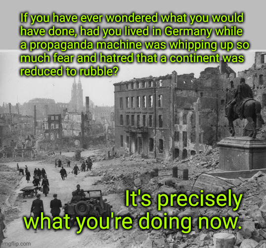 If you have ever wondered what you would have done, had you lived in Germany while a propaganda machine was whipping up so much  | If you have ever wondered what you would
have done, had you lived in Germany while
a propaganda machine was whipping up so
much fear and hatred that a continent was
reduced to rubble? It's precisely what you're doing now. | image tagged in left wing,propaganda,msm | made w/ Imgflip meme maker