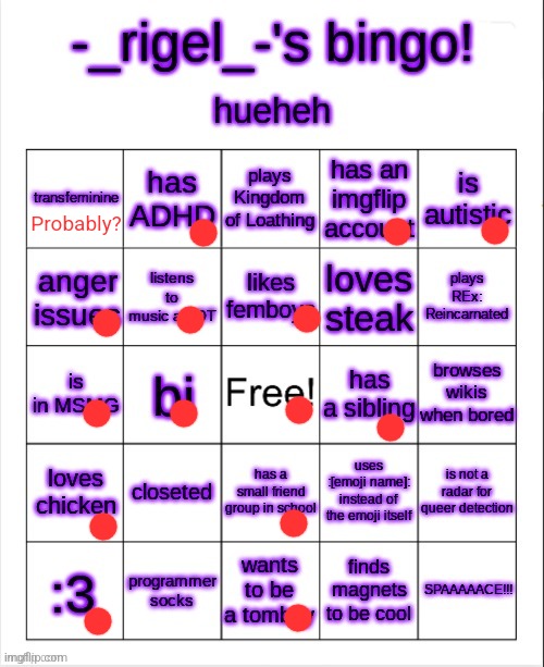 Idk what trans feminine is but it sounds like me | Probably? | image tagged in rigel's bingo | made w/ Imgflip meme maker