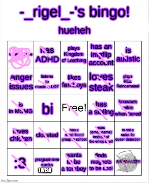 rigel's bingo | I WISH | image tagged in rigel's bingo | made w/ Imgflip meme maker