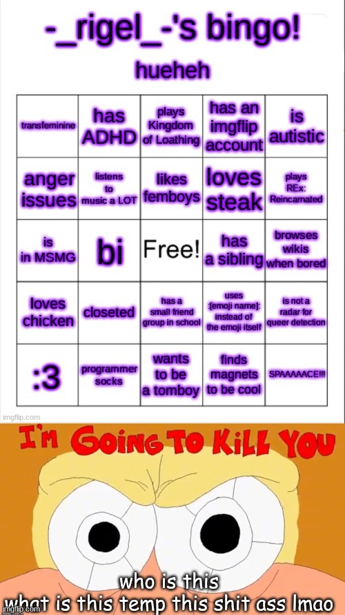 who is Rigel bruh | who is this
what is this temp this shit ass lmao | image tagged in rigel's bingo,im going to kill you | made w/ Imgflip meme maker