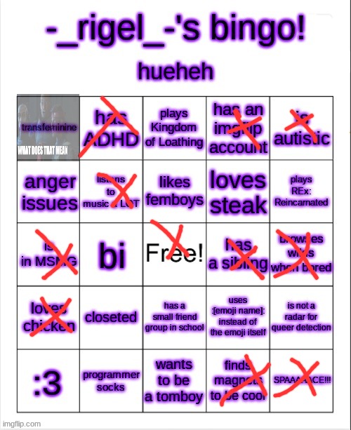 rigel's bingo | image tagged in rigel's bingo | made w/ Imgflip meme maker