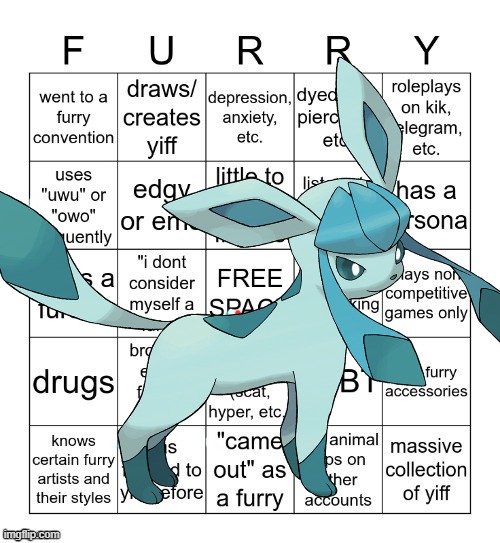 Here's my furry bingo, don't mind the Glaceon she's just curious | made w/ Imgflip meme maker