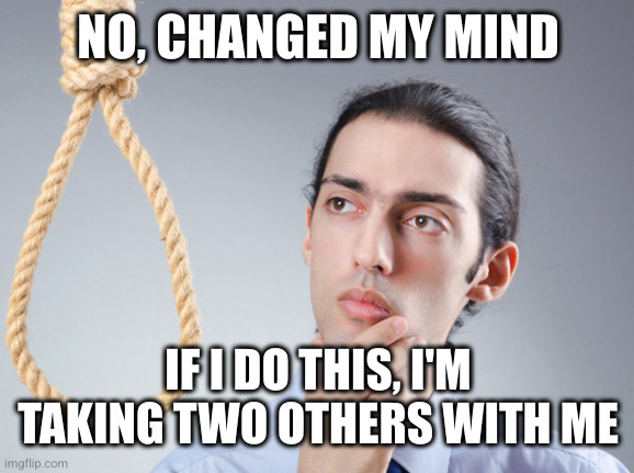 noose | NO, CHANGED MY MIND IF I DO THIS, I'M TAKING TWO OTHERS WITH ME | image tagged in noose | made w/ Imgflip meme maker