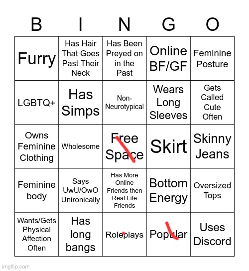 Femboy Bingo | image tagged in femboy bingo | made w/ Imgflip meme maker