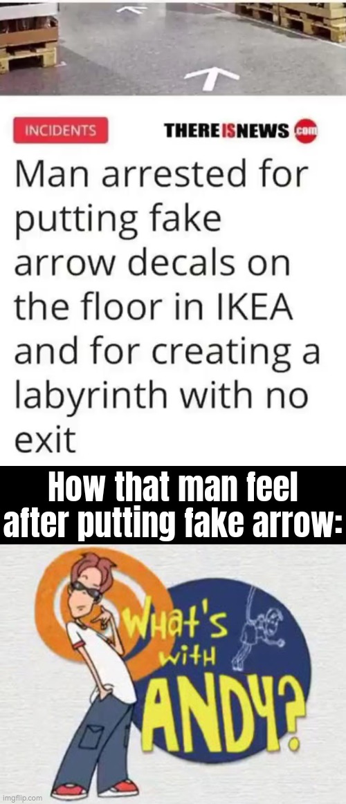 I guess he's Andy Larkin's fan. (For those who don't know, that Main Character is self-proclaimed "world's greatest prankster".) | How that man feel after putting fake arrow: | image tagged in prank,arrow,ikea | made w/ Imgflip meme maker