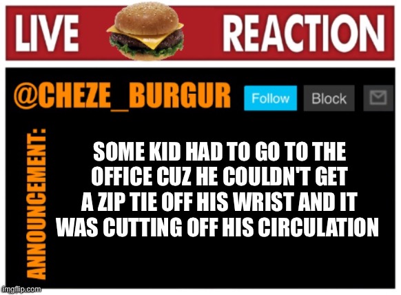 School is wild | SOME KID HAD TO GO TO THE OFFICE CUZ HE COULDN'T GET A ZIP TIE OFF HIS WRIST AND IT WAS CUTTING OFF HIS CIRCULATION | image tagged in chezeburgur announcment | made w/ Imgflip meme maker