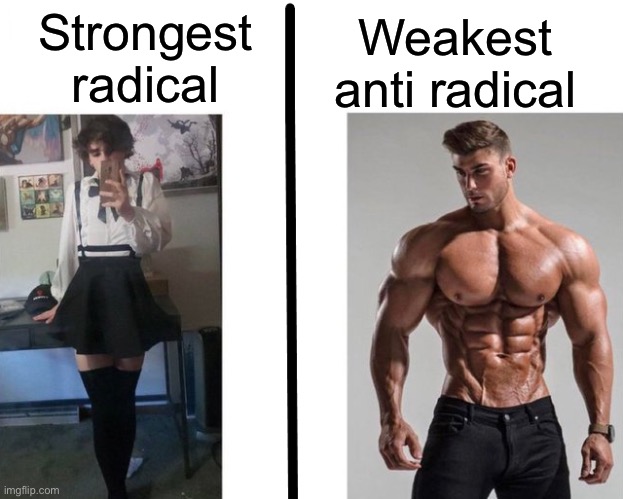 Strongest ___ Fan vs Weakest ___ Enjoyer | Weakest anti radical; Strongest radical | image tagged in strongest ___ fan vs weakest ___ enjoyer | made w/ Imgflip meme maker