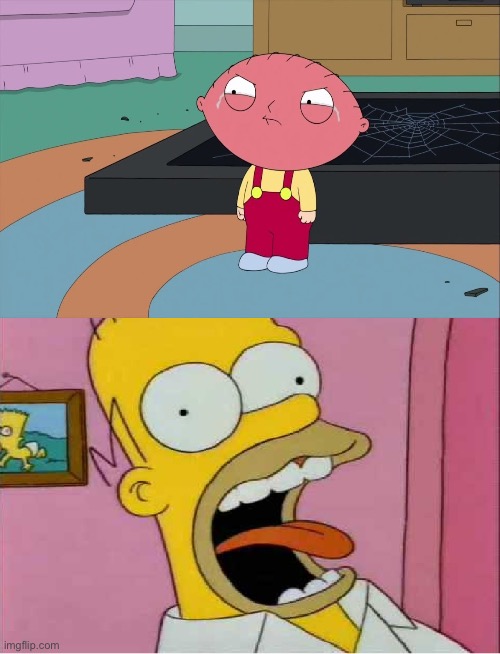 Homer shocked at Stewie's Temper Tantrum | image tagged in stewie griffin,homer simpson,family guy,the simpsons,scary,rage quit | made w/ Imgflip meme maker