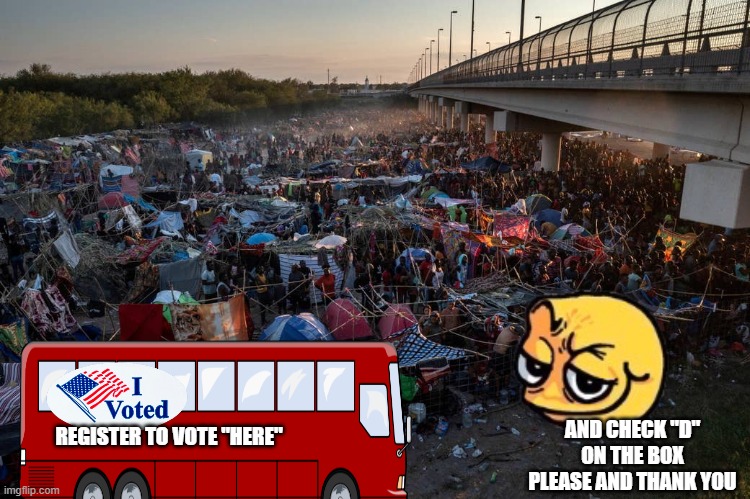 Democratic Party Voter Drive | REGISTER TO VOTE "HERE" AND CHECK "D" ON THE BOX PLEASE AND THANK YOU | image tagged in illegals under bridge in texas | made w/ Imgflip meme maker