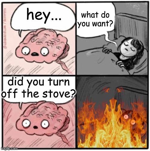 always turn off the stove | what do you want? hey... did you turn off the stove? | image tagged in brain before sleep | made w/ Imgflip meme maker