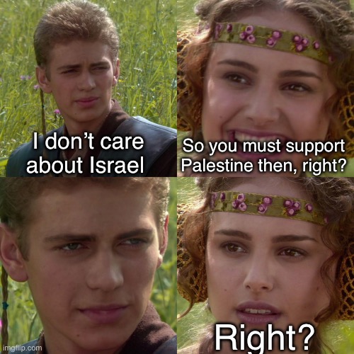 Idc about either. War is stupid. | I don’t care about Israel; So you must support Palestine then, right? Right? | image tagged in anakin padme 4 panel,dank memes,memes,funny memes | made w/ Imgflip meme maker