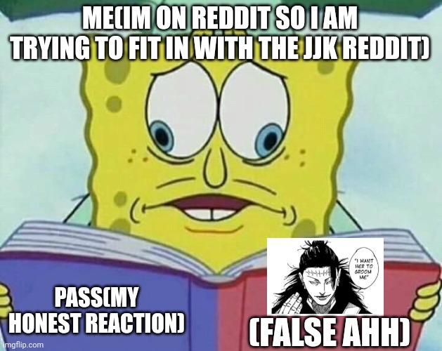 jjk faneom= frwaky, reddit= freaky, jjk+reddit=THE FREAK IS REAL | ME(IM ON REDDIT SO I AM TRYING TO FIT IN WITH THE JJK REDDIT); PASS(MY HONEST REACTION); (FALSE AHH) | image tagged in cross eyed spongebob | made w/ Imgflip meme maker