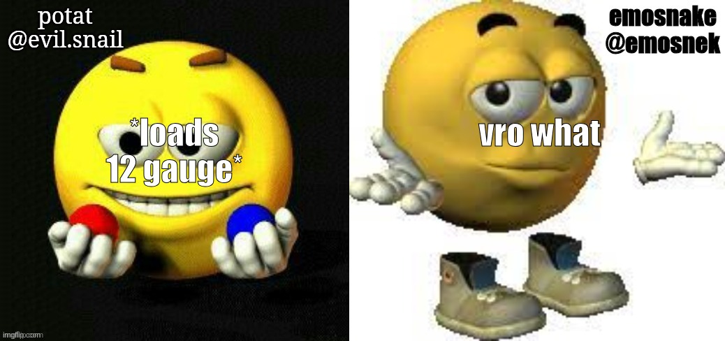 potat and emosnake shared emotiguy announcement template | *loads 12 gauge*; vro what | image tagged in potat and emosnake shared emotiguy announcement template | made w/ Imgflip meme maker