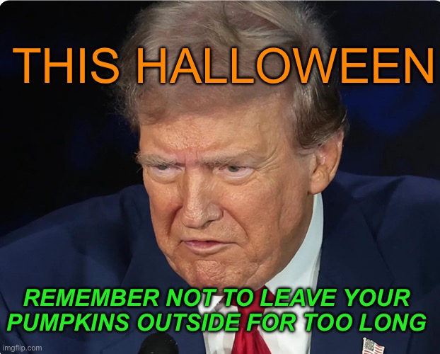 Pumpkin trump Halloween | THIS HALLOWEEN; REMEMBER NOT TO LEAVE YOUR PUMPKINS OUTSIDE FOR TOO LONG | image tagged in constipated donald trump | made w/ Imgflip meme maker