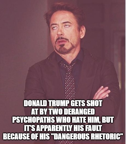 According to the left it's Trump's fault this happened to him because he talks dangerously about the left. Excuse me? | DONALD TRUMP GETS SHOT AT BY TWO DERANGED PSYCHOPATHS WHO HATE HIM, BUT IT'S APPARENTLY HIS FAULT BECAUSE OF HIS "DANGEROUS RHETORIC" | image tagged in memes,face you make robert downey jr | made w/ Imgflip meme maker