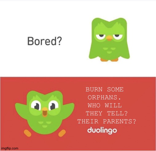 Duolingo burn children | BURN SOME 
ORPHANS. 
WHO WILL 
THEY TELL?
THEIR PARENTS? | image tagged in duolingo bored | made w/ Imgflip meme maker