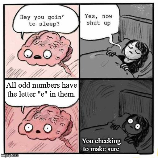 Me trying to sleep | All odd numbers have the letter "e" in them. You checking to make sure | image tagged in hey you going to sleep | made w/ Imgflip meme maker