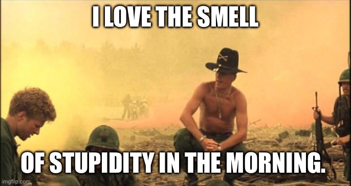 I love the smell of stupidity in the morning. | I LOVE THE SMELL; OF STUPIDITY IN THE MORNING. | image tagged in i love the smell of napalm in the morning | made w/ Imgflip meme maker