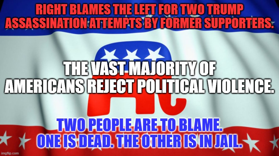 Let Law Enforcement take its own course, and the Election take its own, also. | RIGHT BLAMES THE LEFT FOR TWO TRUMP ASSASSINATION ATTEMPTS BY FORMER SUPPORTERS. THE VAST MAJORITY OF AMERICANS REJECT POLITICAL VIOLENCE. TWO PEOPLE ARE TO BLAME. ONE IS DEAD. THE OTHER IS IN JAIL. | image tagged in republican party flag | made w/ Imgflip meme maker