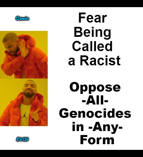 Fear v 100% | Fear 

Being 

Called 

a Racist; Ozwin; Oppose 

-All- 

Genocides 

in -Any-

Form; EVCG | image tagged in compassion,fear,consistency,genocide,opposition,drake hotline bling | made w/ Imgflip meme maker