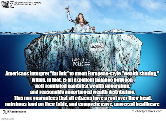 Far Left Socialist, Kamala Harris!!! | Americans interpret "far left" to mean European-style "wealth sharing," 
which, in fact, is an excellent balance between 
well-regulated capitalist wealth generation, 
and reasonably apportioned wealth distribution.
This mix guarantees that all citizens have a roof over their head,
nutritious food on their table, and comprehensive, universal healthcare | image tagged in far left,kamala harris,tim walz,universal healthcare,wealth distribution,well-regulated capitalism | made w/ Imgflip meme maker