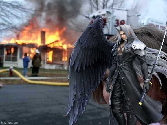 *insert ssbu sephiroth victory theme* | image tagged in memes,disaster girl | made w/ Imgflip meme maker