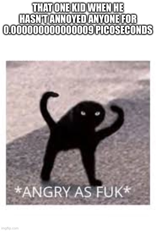 Angery as Fuk | THAT ONE KID WHEN HE HASN'T ANNOYED ANYONE FOR 0.000000000000009 PICOSECONDS | image tagged in angery as fuk | made w/ Imgflip meme maker