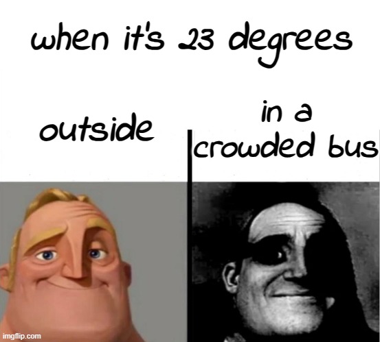 the bus would become a sauna | when it's 23 degrees; in a crowded bus; outside | image tagged in teacher's copy | made w/ Imgflip meme maker