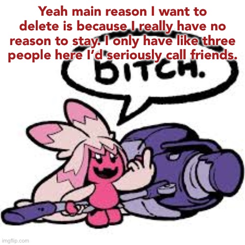 And I have one of their discords and the other two can handle themselves. | Yeah main reason I want to delete is because I really have no reason to stay. I only have like three people here I’d seriously call friends. | image tagged in tinkaton bitch | made w/ Imgflip meme maker