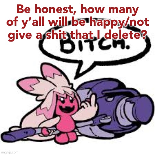 I personally couldn’t give less of a shit if any of you mfs delete | Be honest, how many of y’all will be happy/not give a shit that I delete? | image tagged in tinkaton bitch | made w/ Imgflip meme maker