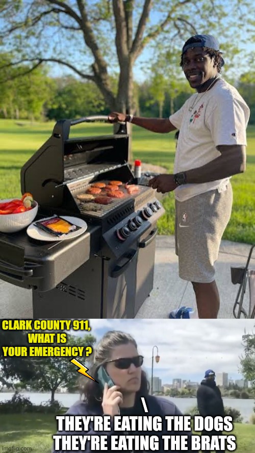 Regularfeller's BBQ | CLARK COUNTY 911, 
WHAT IS YOUR EMERGENCY ? \
THEY'RE EATING THE DOGS
THEY'RE EATING THE BRATS | image tagged in bbq becky,barbecue,springfield,haiti,immigrants | made w/ Imgflip meme maker